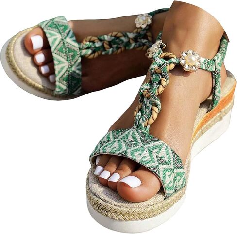 Womens Low Wedge Heels Sandals Shoes,Orthopedic Wedge Wide Width Comfortable Walking Non Slip Casual Beach Platform Ankle Sandals Summer Fashion Bohemian Open Toe Jeweled Beaded Slip On Sandal in Kuwait