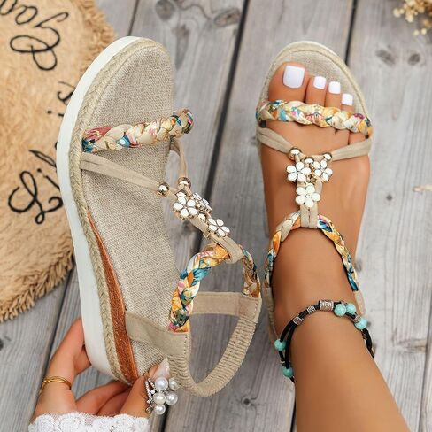 Womens Low Wedge Heels Sandals Shoes,Orthopedic Wedge Wide Width Comfortable Walking Non Slip Casual Beach Platform Ankle Sandals Summer Fashion Bohemian Open Toe Jeweled Beaded Slip On Sandal in Kuwait
