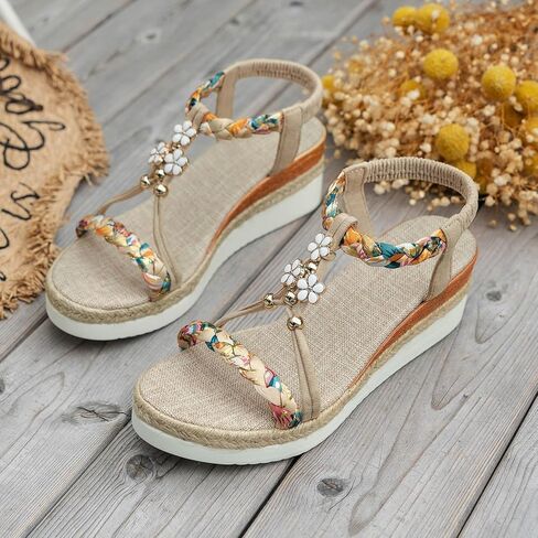 Womens Low Wedge Heels Sandals Shoes,Orthopedic Wedge Wide Width Comfortable Walking Non Slip Casual Beach Platform Ankle Sandals Summer Fashion Bohemian Open Toe Jeweled Beaded Slip On Sandal in Kuwait