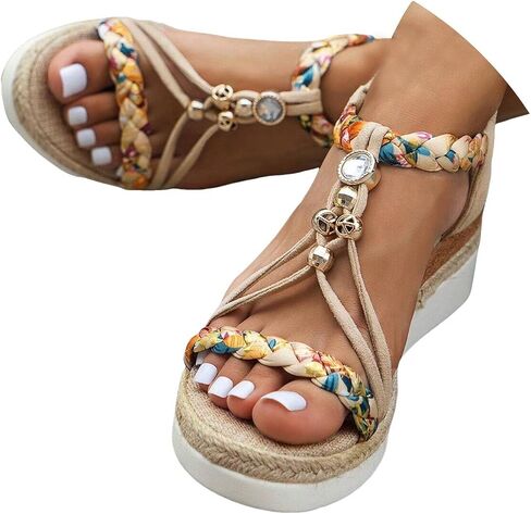 Womens Low Wedge Heels Sandals Shoes,Orthopedic Wedge Wide Width Comfortable Walking Non Slip Casual Beach Platform Ankle Sandals Summer Fashion Bohemian Open Toe Jeweled Beaded Slip On Sandal in Kuwait