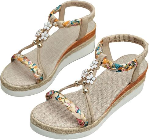 Womens Low Wedge Heels Sandals Shoes,Orthopedic Wedge Wide Width Comfortable Walking Non Slip Casual Beach Platform Ankle Sandals Summer Fashion Bohemian Open Toe Jeweled Beaded Slip On Sandal in Kuwait