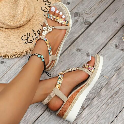 Womens Low Wedge Heels Sandals Shoes,Orthopedic Wedge Wide Width Comfortable Walking Non Slip Casual Beach Platform Ankle Sandals Summer Fashion Bohemian Open Toe Jeweled Beaded Slip On Sandal in Kuwait