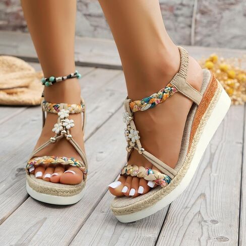 Womens Low Wedge Heels Sandals Shoes,Orthopedic Wedge Wide Width Comfortable Walking Non Slip Casual Beach Platform Ankle Sandals Summer Fashion Bohemian Open Toe Jeweled Beaded Slip On Sandal in Kuwait