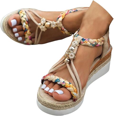 Womens Low Wedge Heels Sandals Shoes,Orthopedic Wedge Wide Width Comfortable Walking Non Slip Casual Beach Platform Ankle Sandals Summer Fashion Bohemian Open Toe Jeweled Beaded Slip On Sandal in Kuwait