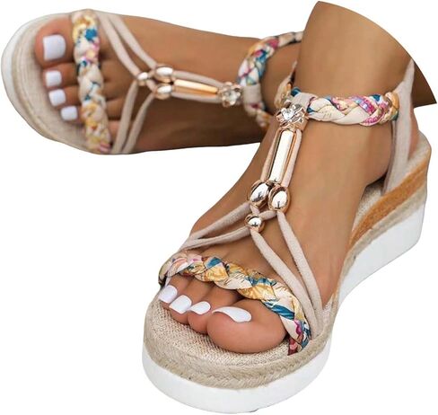 Womens Low Wedge Heels Sandals Shoes,Orthopedic Wedge Wide Width Comfortable Walking Non Slip Casual Beach Platform Ankle Sandals Summer Fashion Bohemian Open Toe Jeweled Beaded Slip On Sandal in Kuwait