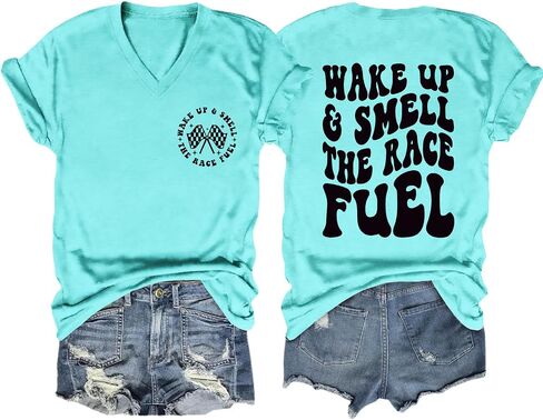Wake Up and Smell The Race Fuel Shirt Racing T Shirts for Women Funny Graphic Tees Casual Short Sleeve Tops in Saudi Arabia