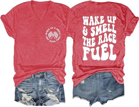Wake Up and Smell The Race Fuel Shirt Racing T Shirts for Women Funny Graphic Tees Casual Short Sleeve Tops in Saudi Arabia