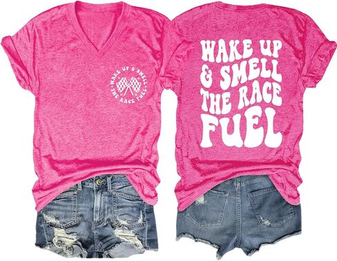 Wake Up and Smell The Race Fuel Shirt Racing T Shirts for Women Funny Graphic Tees Casual Short Sleeve Tops in Saudi Arabia