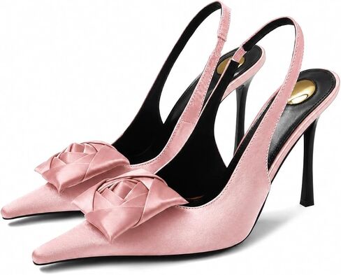 Flower High Heels for Women Closed Pointed Toe Satin Slingback Stiletto Heel Pumps Slip On Elastic Ankle Strap Evening Party Dress Heeled Sandals Shoes in Saudi Arabia