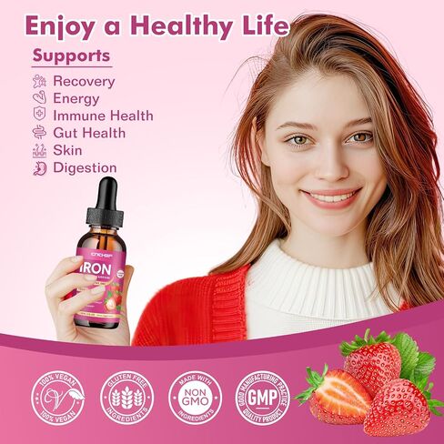 Liquid Iron Supplement for Women, Men & Kids 18mg with Vitamin C, B12, B6, Folate & Zinc | High Absorption Ferrous Bisglycinate Chelate, Natural Strawberry Flavor, Sugar-Free, Anemia & Energy Support in Saudi Arabia