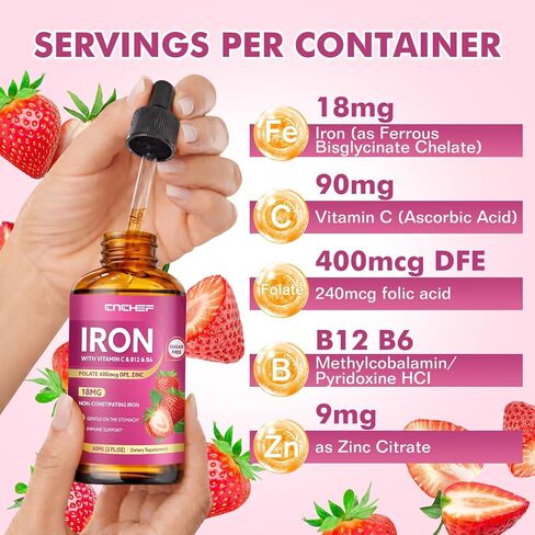 Liquid Iron Supplement for Women, Men & Kids 18mg with Vitamin C, B12, B6, Folate & Zinc | High Absorption Ferrous Bisglycinate Chelate, Natural Strawberry Flavor, Sugar-Free, Anemia & Energy Support in Saudi Arabia