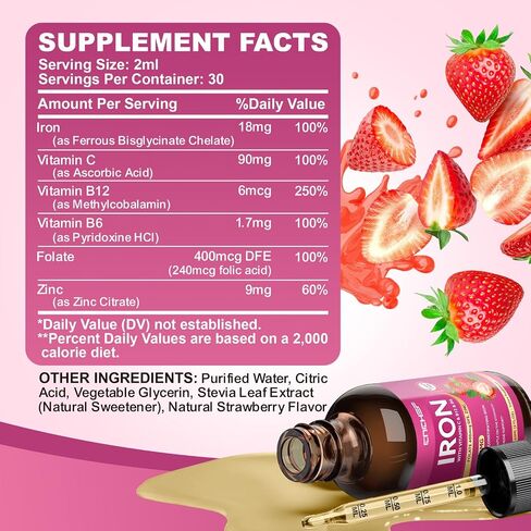 Liquid Iron Supplement for Women, Men & Kids 18mg with Vitamin C, B12, B6, Folate & Zinc | High Absorption Ferrous Bisglycinate Chelate, Natural Strawberry Flavor, Sugar-Free, Anemia & Energy Support in Saudi Arabia