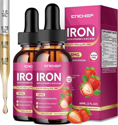 Liquid Iron Supplement for Women, Men & Kids 18mg with Vitamin C, B12, B6, Folate & Zinc | High Absorption Ferrous Bisglycinate Chelate, Natural Strawberry Flavor, Sugar-Free, Anemia & Energy Support in Saudi Arabia