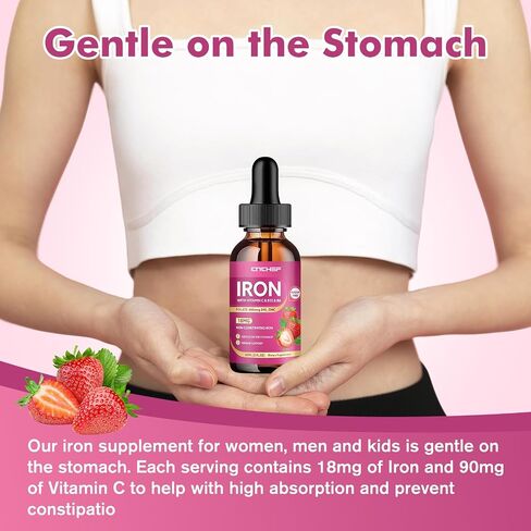 Liquid Iron Supplement for Women, Men & Kids 18mg with Vitamin C, B12, B6, Folate & Zinc | High Absorption Ferrous Bisglycinate Chelate, Natural Strawberry Flavor, Sugar-Free, Anemia & Energy Support in Saudi Arabia