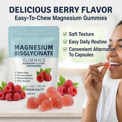 Magnesium Bisglycinate Gummies 400mg, High Absorption Magnesium Glycinate Gummies, Raspberry Flavor Magnesium Gummies for Adults, Chelated Magnesium Bisglycinate Supplement, Vegan Complex in Kuwait
