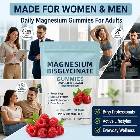 Magnesium Bisglycinate Gummies 400mg, High Absorption Magnesium Glycinate Gummies, Raspberry Flavor Magnesium Gummies for Adults, Chelated Magnesium Bisglycinate Supplement, Vegan Complex in Kuwait