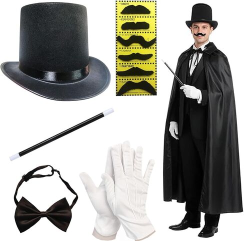 Magician Costume Accessory Set for Adults, Black Top Hat, False Beard, Bow Tie, White Gloves, Magic Wand for Halloween Cosplay Party in Kuwait