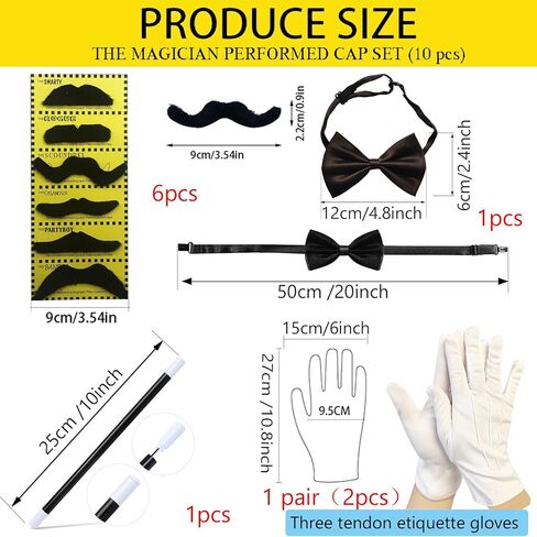 Magician Costume Accessory Set for Adults, Black Top Hat, False Beard, Bow Tie, White Gloves, Magic Wand for Halloween Cosplay Party in Kuwait