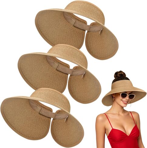 3 Pack Women's Straw Sun Visor Hat,Outdoor Wide Brim UV Protection Foldable,Adjustable Packable Ponytail Summer Sun Hat in Saudi Arabia