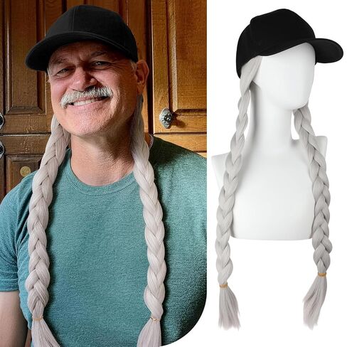 Qlenkay Men Baseball Cap with Willie Braided Wig Adjustable Hat 24in Pigtails Synthetic Hair for Halloween Retro Costume Party Silver Grey in Saudi Arabia