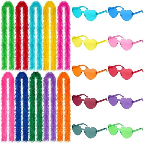 20 PCS Colorful Feather Boas and Rimless Heart Sunglasses,5 Ft,Artificial Fluffy Boa Set for Disco Bachelorette Party Wedding Birthday Halloween Christmas in Saudi Arabia