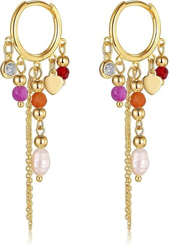 GZQ Boho Colorful Beaded Hoop Earrings for Women, Tassel Dangle Earrings Jewelry, Gold Statement Accessory for Daily Wear Party Date, Lightweight 2.75in in Saudi Arabia
