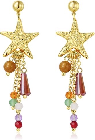 GZQ Boho Colorful Beaded Hoop Earrings for Women, Tassel Dangle Earrings Jewelry, Gold Statement Accessory for Daily Wear Party Date, Lightweight 2.75in in Saudi Arabia