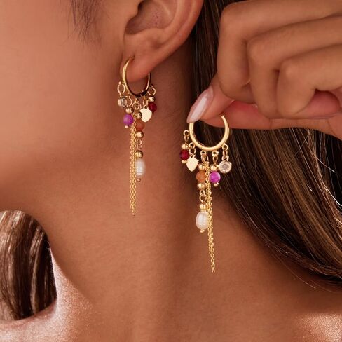 GZQ Boho Colorful Beaded Hoop Earrings for Women, Tassel Dangle Earrings Jewelry, Gold Statement Accessory for Daily Wear Party Date, Lightweight 2.75in in Saudi Arabia