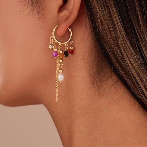 GZQ Boho Colorful Beaded Hoop Earrings for Women, Tassel Dangle Earrings Jewelry, Gold Statement Accessory for Daily Wear Party Date, Lightweight 2.75in in Saudi Arabia
