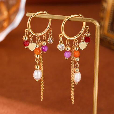 GZQ Boho Colorful Beaded Hoop Earrings for Women, Tassel Dangle Earrings Jewelry, Gold Statement Accessory for Daily Wear Party Date, Lightweight 2.75in in Saudi Arabia