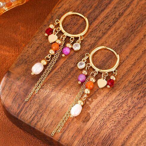 GZQ Boho Colorful Beaded Hoop Earrings for Women, Tassel Dangle Earrings Jewelry, Gold Statement Accessory for Daily Wear Party Date, Lightweight 2.75in in Saudi Arabia