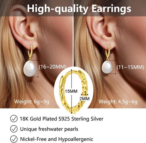 11-15mm/16-20mm Freshwater Baroque Pearl Dangle Drop Earrings For Women,18K Gold plated S925 Sterling Silver,Elegant Gold Pearl Drop Earrings with Exquisite Packaging | Wedding, Anniversary & Birthday Gift in Kuwait