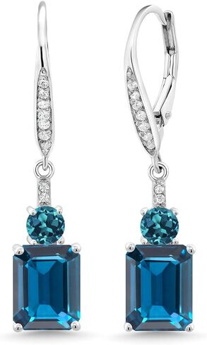 Gem Stone King 6.08 Cttw London Blue Topaz Dangle Earrings For Women | 925 Sterling Silver | Gemstone November Birthstone | Emerald Cut 9X7MM in Kuwait