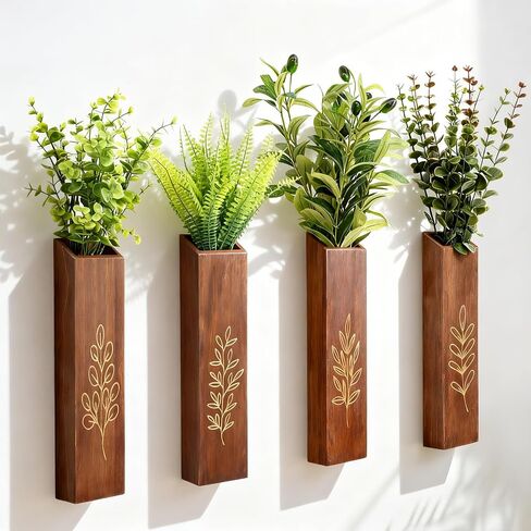 4-Pack Wooden Wall Vases, Slim Pine Wall Planters with 4 Faux Greenery Stems, Adhesive Hooks & Screws, Modern Farmhouse Wall Decor for Living Room, Bedroom, Bathroom (Dark Brown) in Saudi Arabia