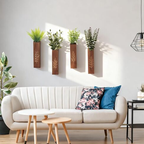 4-Pack Wooden Wall Vases, Slim Pine Wall Planters with 4 Faux Greenery Stems, Adhesive Hooks & Screws, Modern Farmhouse Wall Decor for Living Room, Bedroom, Bathroom (Dark Brown) in Saudi Arabia