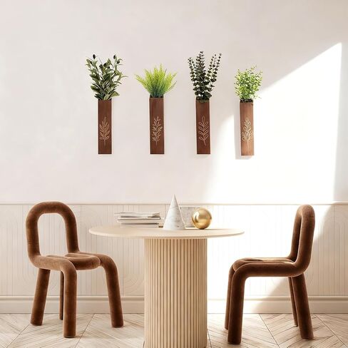 4-Pack Wooden Wall Vases, Slim Pine Wall Planters with 4 Faux Greenery Stems, Adhesive Hooks & Screws, Modern Farmhouse Wall Decor for Living Room, Bedroom, Bathroom (Dark Brown) in Saudi Arabia