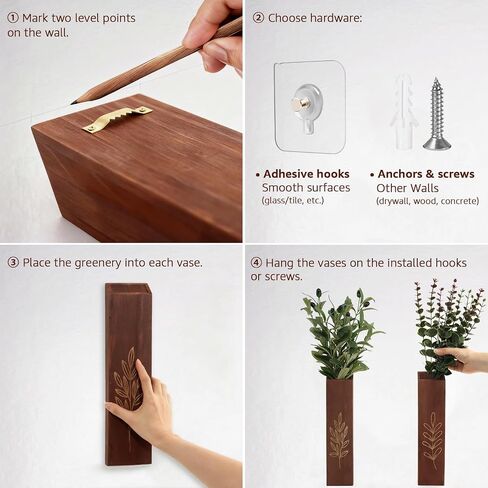 4-Pack Wooden Wall Vases, Slim Pine Wall Planters with 4 Faux Greenery Stems, Adhesive Hooks & Screws, Modern Farmhouse Wall Decor for Living Room, Bedroom, Bathroom (Dark Brown) in Saudi Arabia