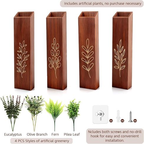 4-Pack Wooden Wall Vases, Slim Pine Wall Planters with 4 Faux Greenery Stems, Adhesive Hooks & Screws, Modern Farmhouse Wall Decor for Living Room, Bedroom, Bathroom (Dark Brown) in Saudi Arabia