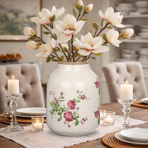 White Ceramic Vase, 9.2 Inch Vintage Flower Decor and Handcrafted Floral Centerpieces, Elegant Handmade Pottery Accent for Dining Table Living Room Wedding Housewarming Gift Decor in Kuwait