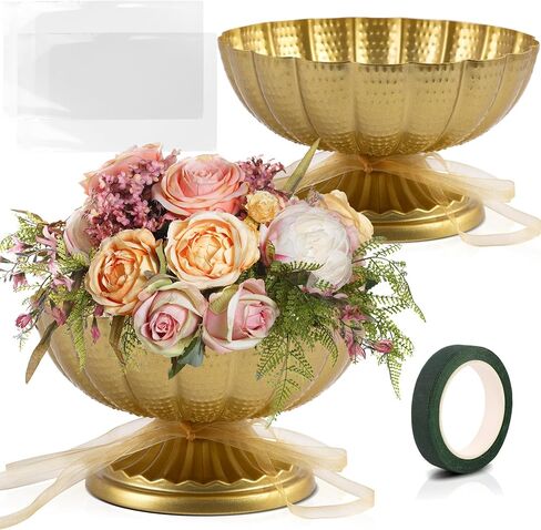 Gold Compote Bowl Vase for Centerpieces, Set of 2 Vintage Pedestal Vase for Wedding, Metal Flower Arrangement Vases for Wedding Centerpieces Parties and Home (Gold, 7 inch) in Saudi Arabia