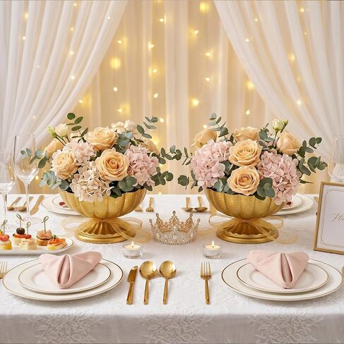 Gold Compote Bowl Vase for Centerpieces, Set of 2 Vintage Pedestal Vase for Wedding, Metal Flower Arrangement Vases for Wedding Centerpieces Parties and Home (Gold, 7 inch) in Saudi Arabia
