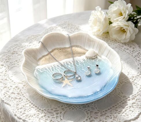 Coastal Decor Heart Shaped Resin Ring Dish - Ocean Inspired Jewelry Holder for Rings & Earrings, Romantic Engagement & Birthday Gifts for Women, Ceramic Decorative Tray for Wedding Registry Gift in Kuwait