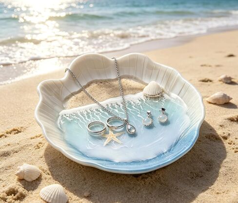 Coastal Decor Heart Shaped Resin Ring Dish - Ocean Inspired Jewelry Holder for Rings & Earrings, Romantic Engagement & Birthday Gifts for Women, Ceramic Decorative Tray for Wedding Registry Gift in Kuwait
