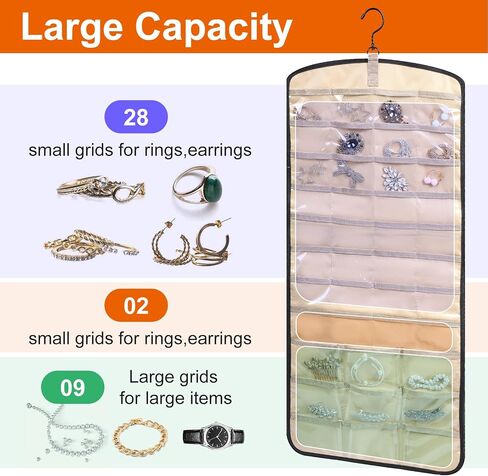 2 Pack Hanging Organizer Storage with 39 Pockets & 30 Hooks, Double Sided Wall Mount Jewelry Display for Earrings, Bracelets, Necklaces, Closet Door (Black, Large) in Saudi Arabia