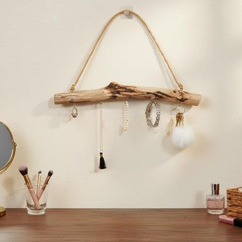 2 Pcs Natural Driftwood Wall Jewelry Organizer, Unique Driftwood Decor Hanger with 5 Metal Hooks, Boho Wall Mounted Key Rack in Saudi Arabia