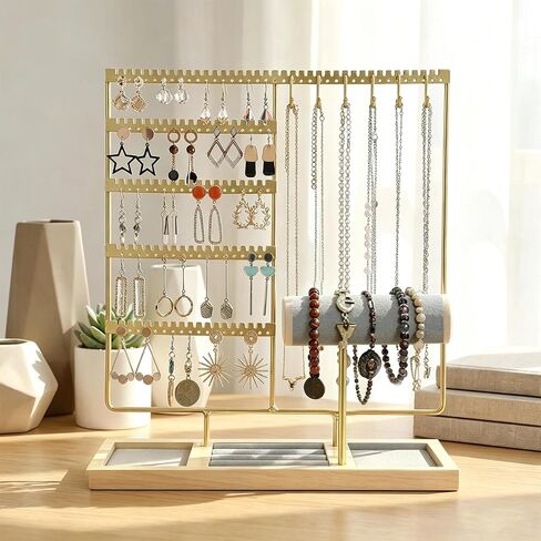 Jewelry Organizer Earring Holder Organizer,6 Tier Jewelry Holder Bracelet Holder Necklace Holder with 6 Hooks,Jewelry Stand for Bracelet, Necklaces, Earrings, Rings, Watches,Gold in Saudi Arabia