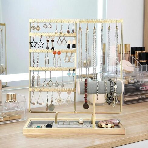 Jewelry Organizer Earring Holder Organizer,6 Tier Jewelry Holder Bracelet Holder Necklace Holder with 6 Hooks,Jewelry Stand for Bracelet, Necklaces, Earrings, Rings, Watches,Gold in Saudi Arabia