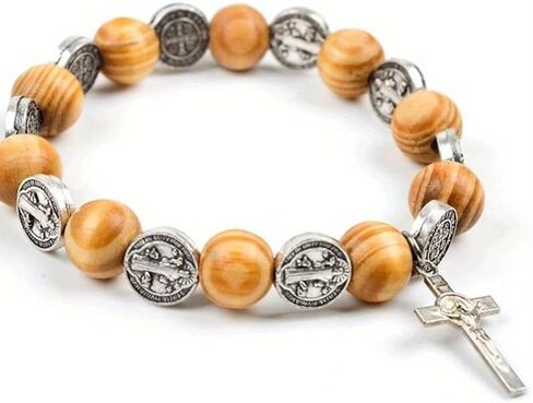Natural Solid Wood Elastic Wire Alloy Saint Religious Rosary Bracelet Men Women Catholic Jesus Christ Jewelry Pulsera in Kuwait