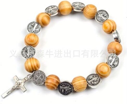 Natural Solid Wood Elastic Wire Alloy Saint Religious Rosary Bracelet Men Women Catholic Jesus Christ Jewelry Pulsera in Kuwait