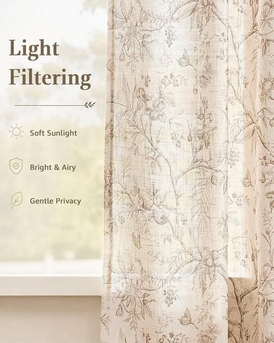 jinchan Floral Linen Curtains for Bedroom Farmhouse Country Cottagecore Botanical Printed Curtains Natural Texture Light Filtering Drapes Rod Pocket Back Tab Window Treatment 2 Panels 84 Inch Taupe in Saudi Arabia